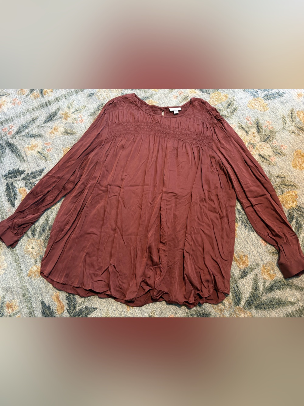 J. Jill Satin Smocked A-Line Top in Clove Brown Long Sleeve Size XL - Picture 2 of 8